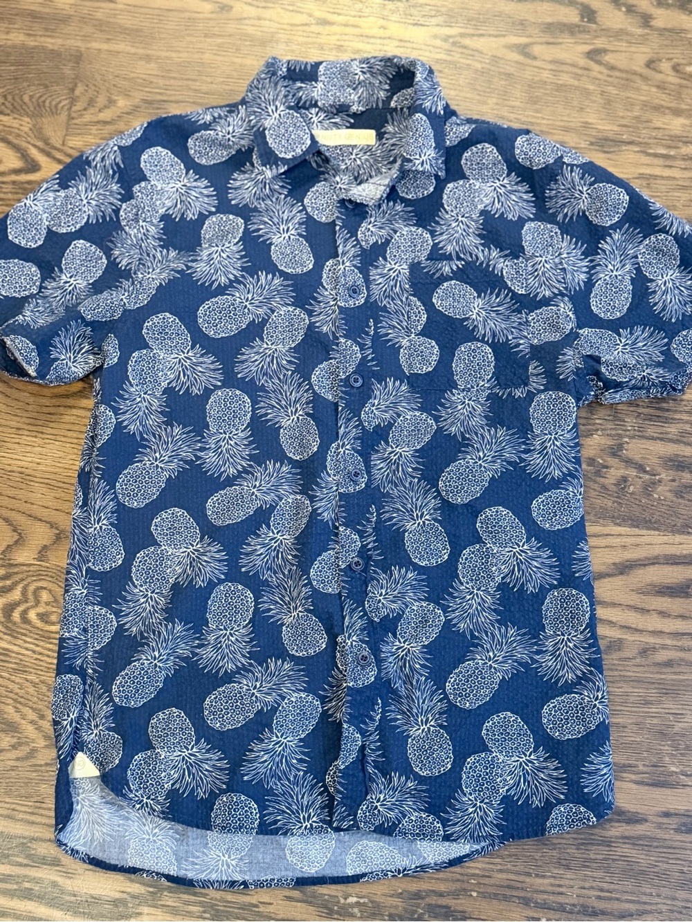Men's M Nifty Genius Blue Pineapple Print Short-Sleeve Button Seersucker Shirt